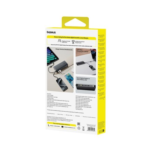 Powerbank 20000mAh 100W z wyświetlaczem wbudowanymi kablami USB-C - czarny