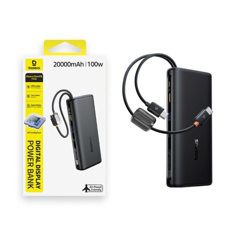 Powerbank 20000mAh 100W z wyświetlaczem wbudowanymi kablami USB-C - czarny