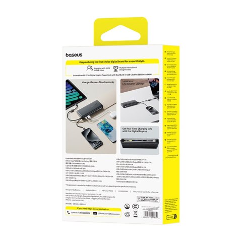 Powerbank 25000mAh 145W z wyświetlaczem wbudowanymi kablami USB-C - czarny