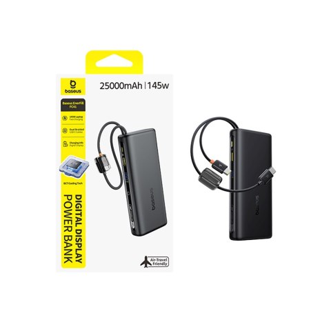 Powerbank 25000mAh 145W z wyświetlaczem wbudowanymi kablami USB-C - czarny