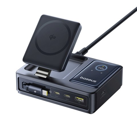 Stacja ładująca 5w1 USB-A UAB-C z wyświetlaczem zwijanym kablem 140W Qi2 - czarna