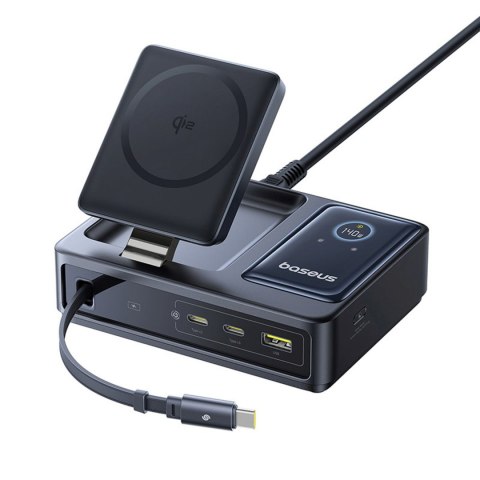 Stacja ładująca 5w1 USB-A UAB-C z wyświetlaczem zwijanym kablem 140W Qi2 - czarna