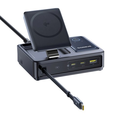 Stacja ładująca 5w1 USB-A UAB-C z wyświetlaczem zwijanym kablem 140W Qi2 - czarna