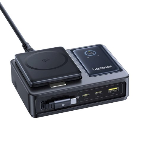 Stacja ładująca 5w1 USB-A UAB-C z wyświetlaczem zwijanym kablem 140W Qi2 - czarna