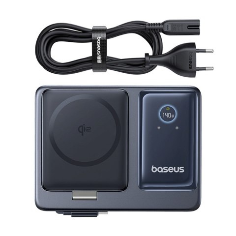 Stacja ładująca 5w1 USB-A UAB-C z wyświetlaczem zwijanym kablem 140W Qi2 - czarna
