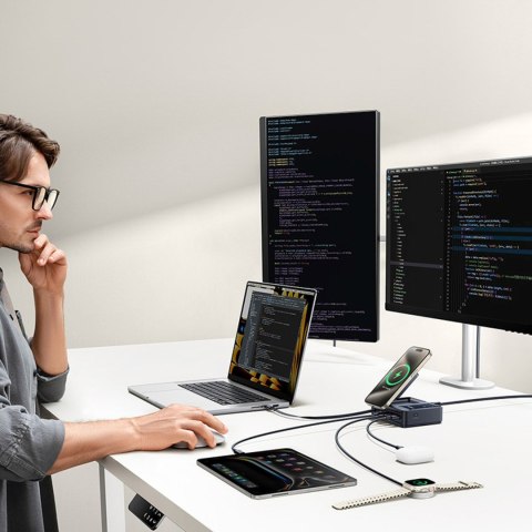 Stacja ładująca 5w1 USB-A UAB-C z wyświetlaczem zwijanym kablem 140W Qi2 - czarna