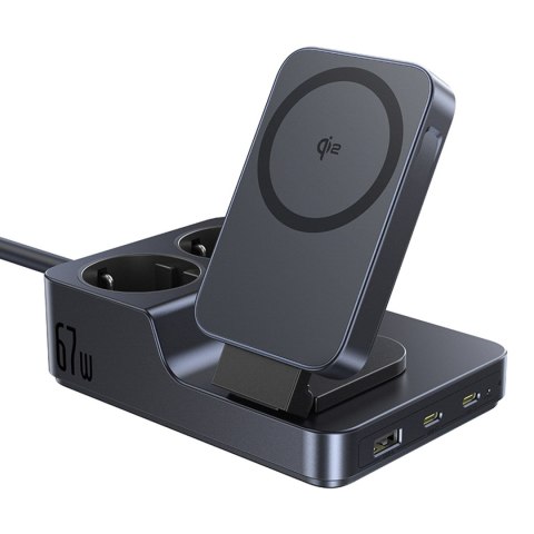 Stacja ładująca 6w1 bezprzewodowa USB-A USB-C 2x gniazdo AC 67W - czarna