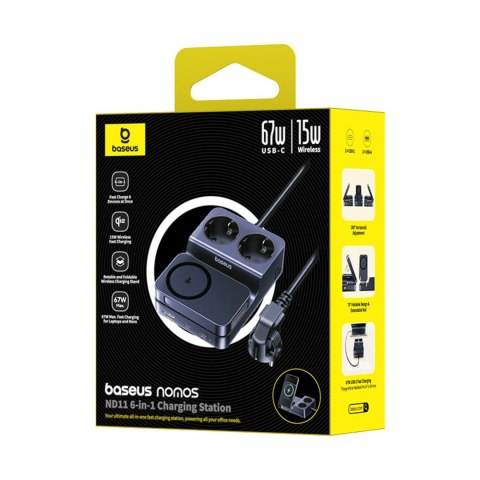 Stacja ładująca 6w1 bezprzewodowa USB-A USB-C 2x gniazdo AC 67W - czarna