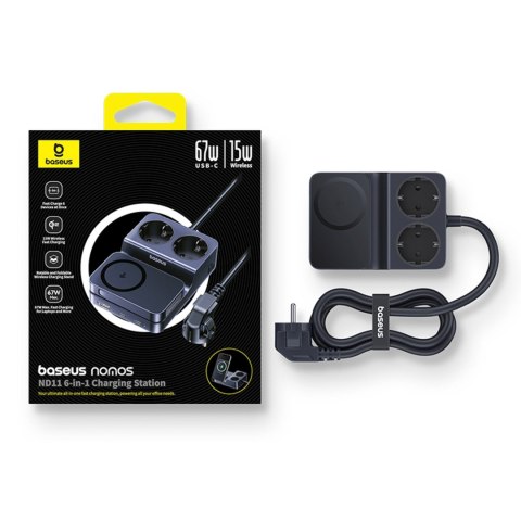 Stacja ładująca 6w1 bezprzewodowa USB-A USB-C 2x gniazdo AC 67W - czarna