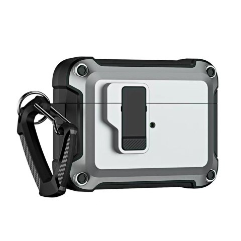 Etui pancerne pokrowiec na słuchawki Airpods 4 z karabińczykiem - szare