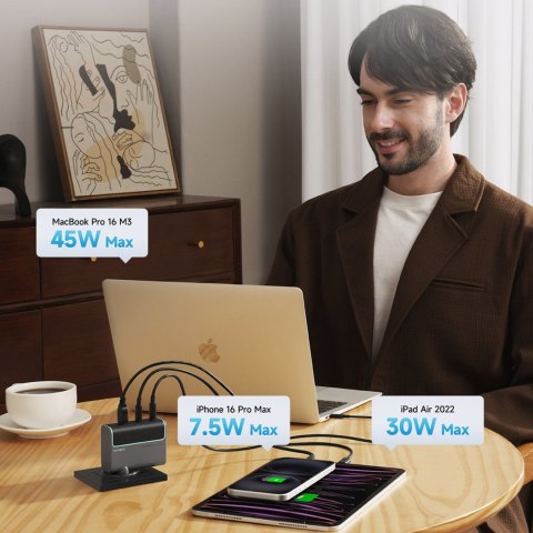 Ładowarka sieciowa USB-C USB-A z kablem USB-C GaN 100W - szara
