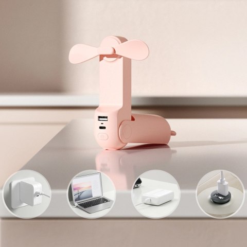 Mini wentylator wiatrak przenośny z funkcją powerbanka i latarką składany 4500mAh USB-C - różowy