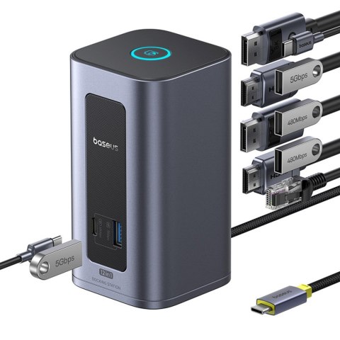 HUB stacja dokująca 12w1 USB-C do USB-C USB-A HDMI DisplayPort Rj45 - szara