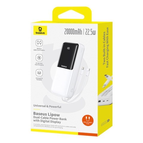 Powerbank 20000mAh 22.5W USB-A USB-C z wbudowanymi kablami USB-C iPhone Lightning - biały