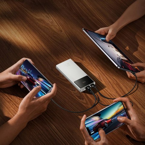 Powerbank 10000mAh USB-A USB-C z wyświetlaczem kablem 22.5W - biały
