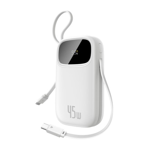 Powerbank 20000mAh USB-A USB-C z wyświetlaczem i 2 wbudowanymi kablami 45W - biały
