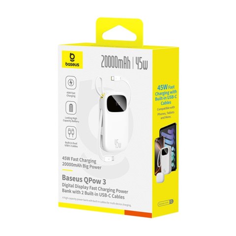 Powerbank 20000mAh USB-A USB-C z wyświetlaczem i 2 wbudowanymi kablami 45W - biały