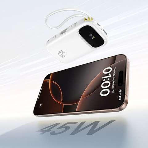 Powerbank 20000mAh USB-A USB-C z wyświetlaczem i 2 wbudowanymi kablami 45W - biały