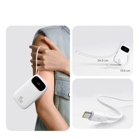 Powerbank 20000mAh USB-A USB-C z wyświetlaczem i 2 wbudowanymi kablami 45W - biały