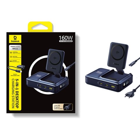 Stacja ładująca 5w1 bezprzewodowa USB-A USB-C ze zwijanym kablem Qi2 160W - czarna