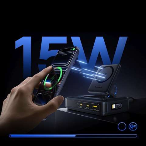 Stacja ładująca 5w1 bezprzewodowa USB-A USB-C ze zwijanym kablem Qi2 160W - czarna