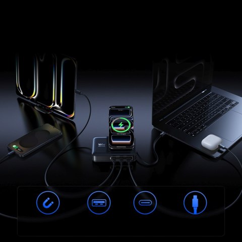 Stacja ładująca 5w1 bezprzewodowa USB-A USB-C ze zwijanym kablem Qi2 160W - czarna