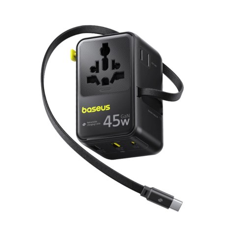 Adapter podróżny 6w1 ze zwijanym kablem USB-C 45W - czarny