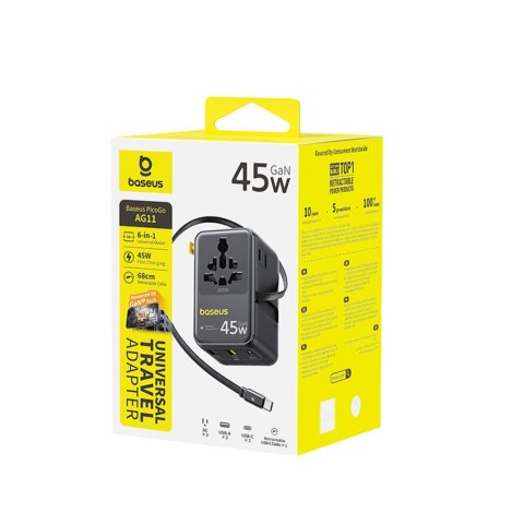 Adapter podróżny 6w1 ze zwijanym kablem USB-C 45W - czarny