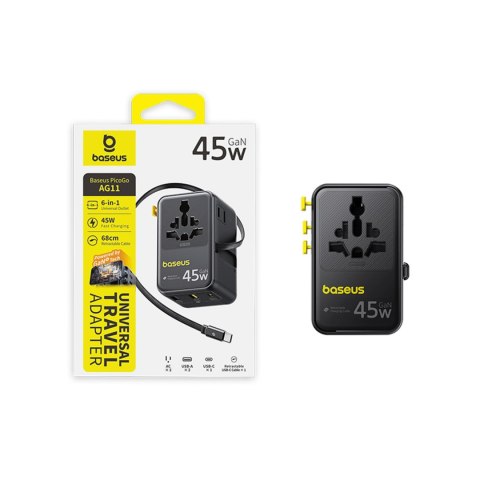Adapter podróżny 6w1 ze zwijanym kablem USB-C 45W - czarny