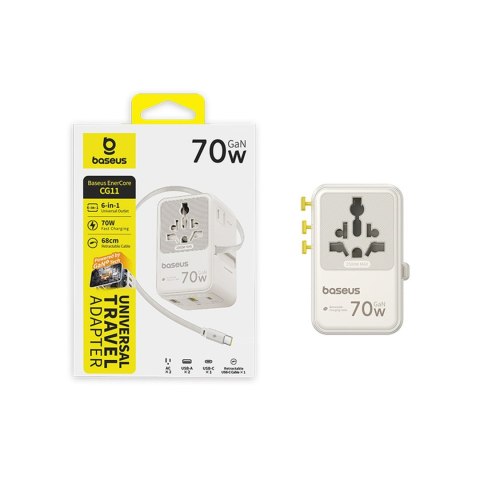 Adapter podróżny 6w1 ze zwijanym kablem USB-C 70W - biały