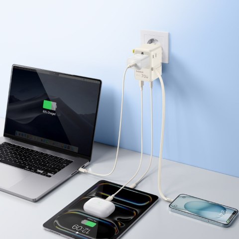 Adapter podróżny 6w1 ze zwijanym kablem USB-C 70W - biały