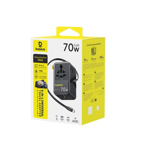 Adapter podróżny 6w1 ze zwijanym kablem USB-C 70W - czarny
