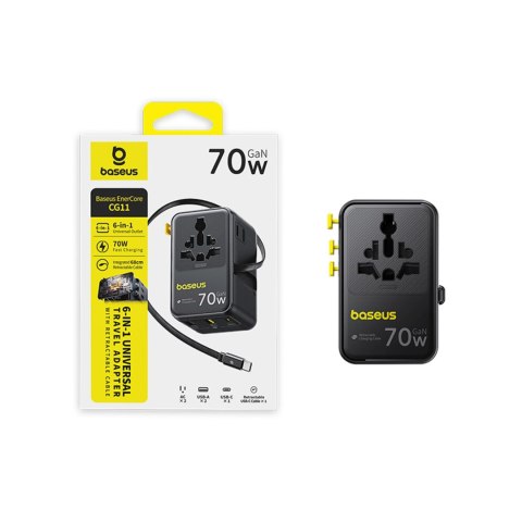 Adapter podróżny 6w1 ze zwijanym kablem USB-C 70W - czarny