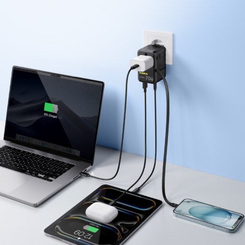 Adapter podróżny 6w1 ze zwijanym kablem USB-C 70W - czarny