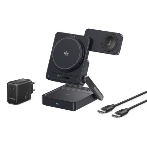 Ładowarka bezprzewodowa 3w1 Qi2.2 35W z zasilaczem EU 45W i kablem USB-C 1m - czarna