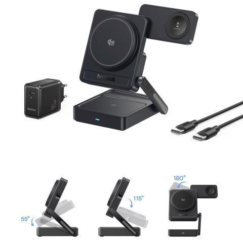 Ładowarka bezprzewodowa 3w1 Qi2.2 35W z zasilaczem EU 45W i kablem USB-C 1m - czarna