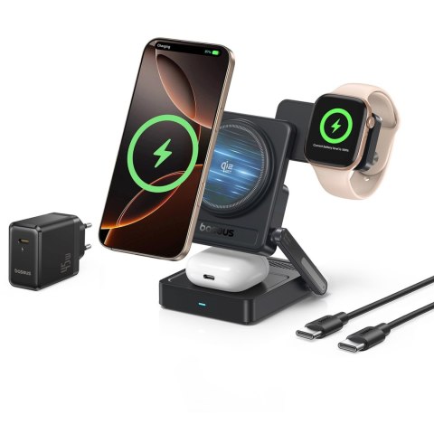 Ładowarka bezprzewodowa 3w1 Qi2.2 35W z zasilaczem EU 45W i kablem USB-C 1m - czarna