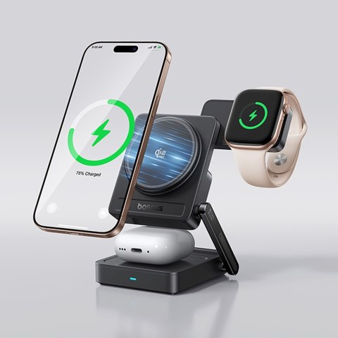 Ładowarka bezprzewodowa 3w1 Qi2.2 35W z zasilaczem EU 45W i kablem USB-C 1m - czarna