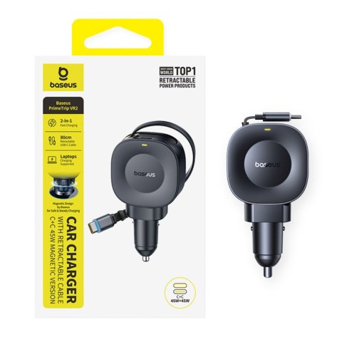 Ładowarka samochodowa USB-C ze zwijanym kablem USB-C 45W - czarna