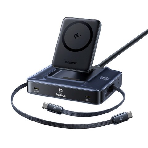 Stacja ładująca bezprzewodowa 6w1 ze zwijanymi kablami USB-C 245W - czarna