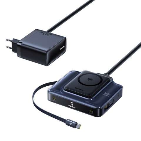 Stacja ładująca bezprzewodowa 6w1 ze zwijanymi kablami USB-C 245W - czarna