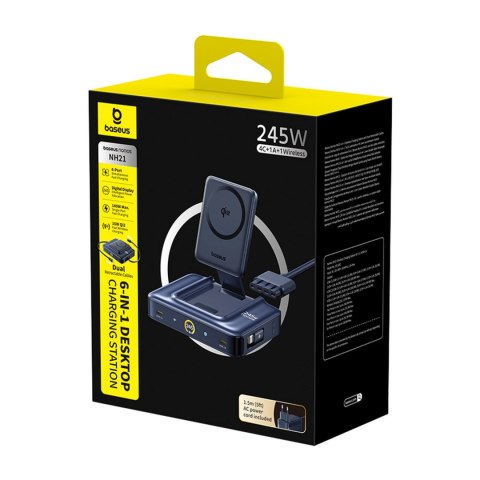 Stacja ładująca bezprzewodowa 6w1 ze zwijanymi kablami USB-C 245W - czarna