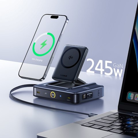 Stacja ładująca bezprzewodowa 6w1 ze zwijanymi kablami USB-C 245W - czarna