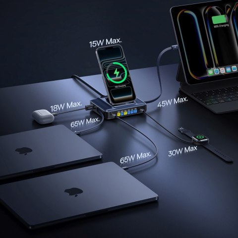 Stacja ładująca bezprzewodowa 6w1 ze zwijanymi kablami USB-C 245W - czarna