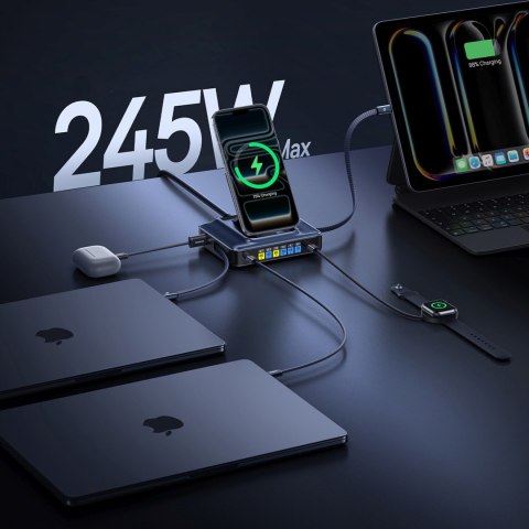Stacja ładująca bezprzewodowa 6w1 ze zwijanymi kablami USB-C 245W - czarna