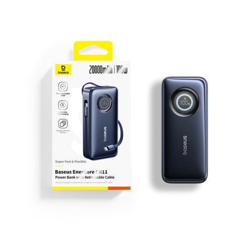 Powerbank 20000mAh 100W ze zwijanym kablami USB-C - czarny
