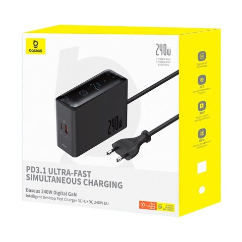 Ładowarka sieciowa USB-A USB-C GaN 240W z kablem zasilającym - czarna