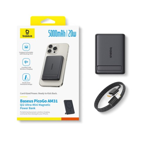 Powerbank magnetyczny 5000mAh 20W PicoGo AM31 Qi2 z podstawką i kablem USB-C MagSafe - czarny