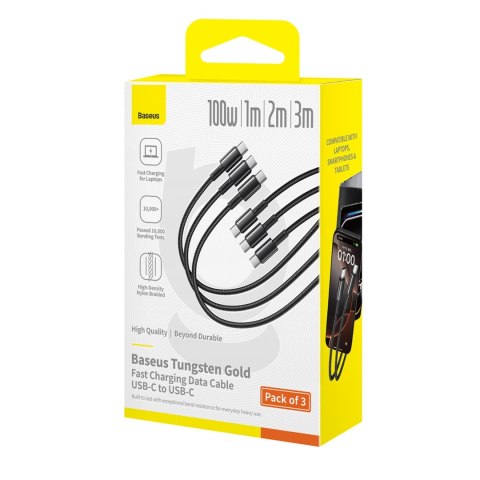 Zestaw kabli przewodów USB-C Tungsten Gold 100W 1m 2m 3m - czarny